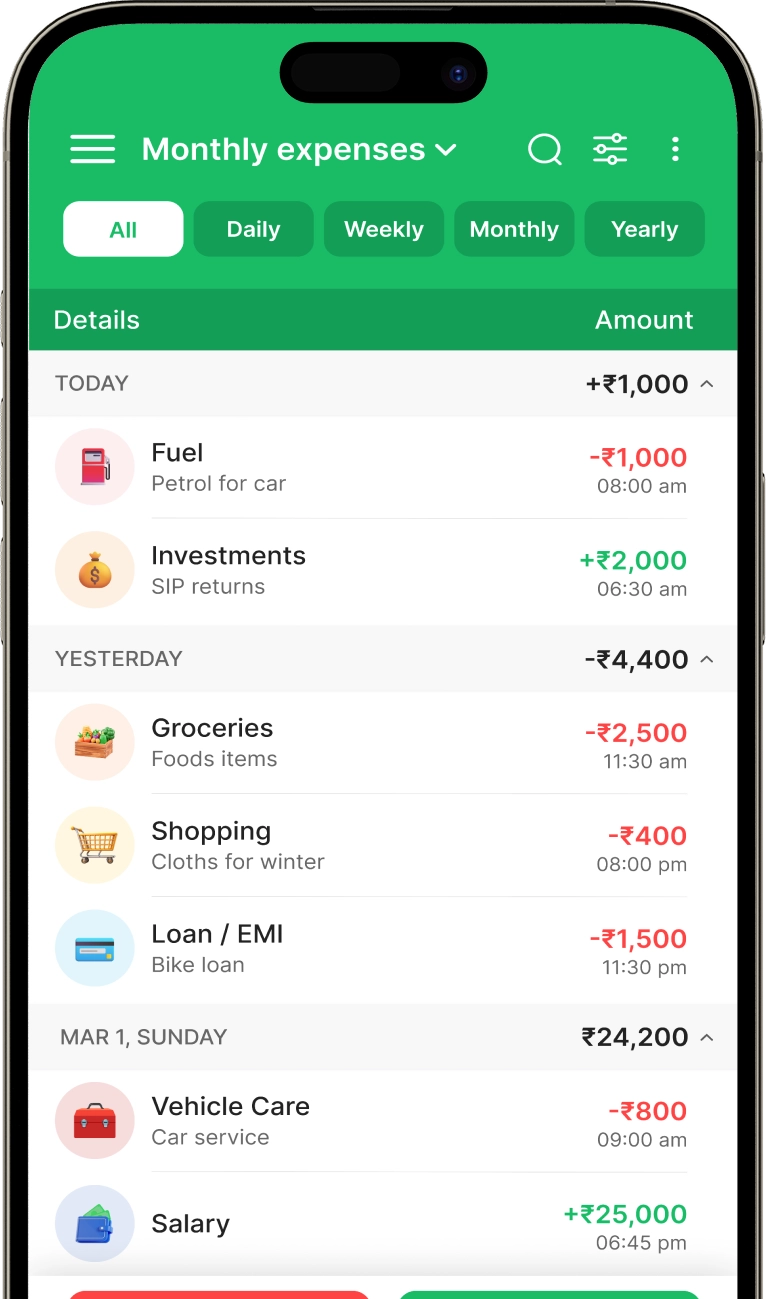 Expense Manager app screen showing monthly expenses